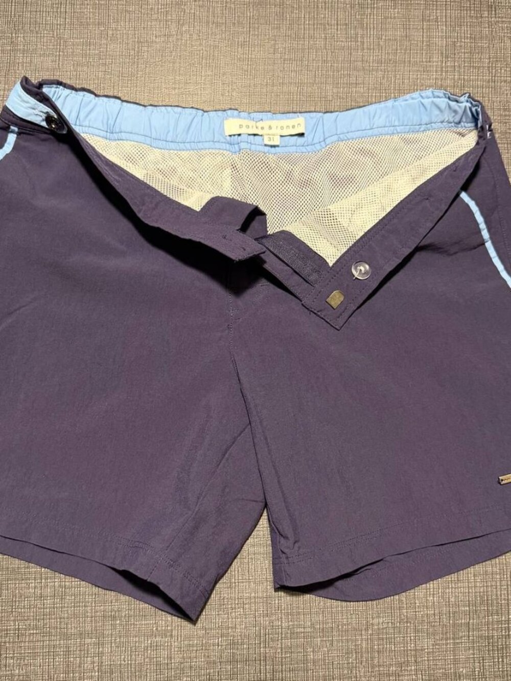 Parke & Ronen: Deep Plum/Aubergine Swim Shorts with Sky Blue Piping Sz 30" 4" In
